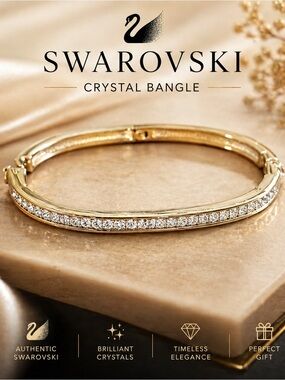 Swarovski Swan Signed Crystal Bangle Bracelet Gold Tone Minimalist Stackable